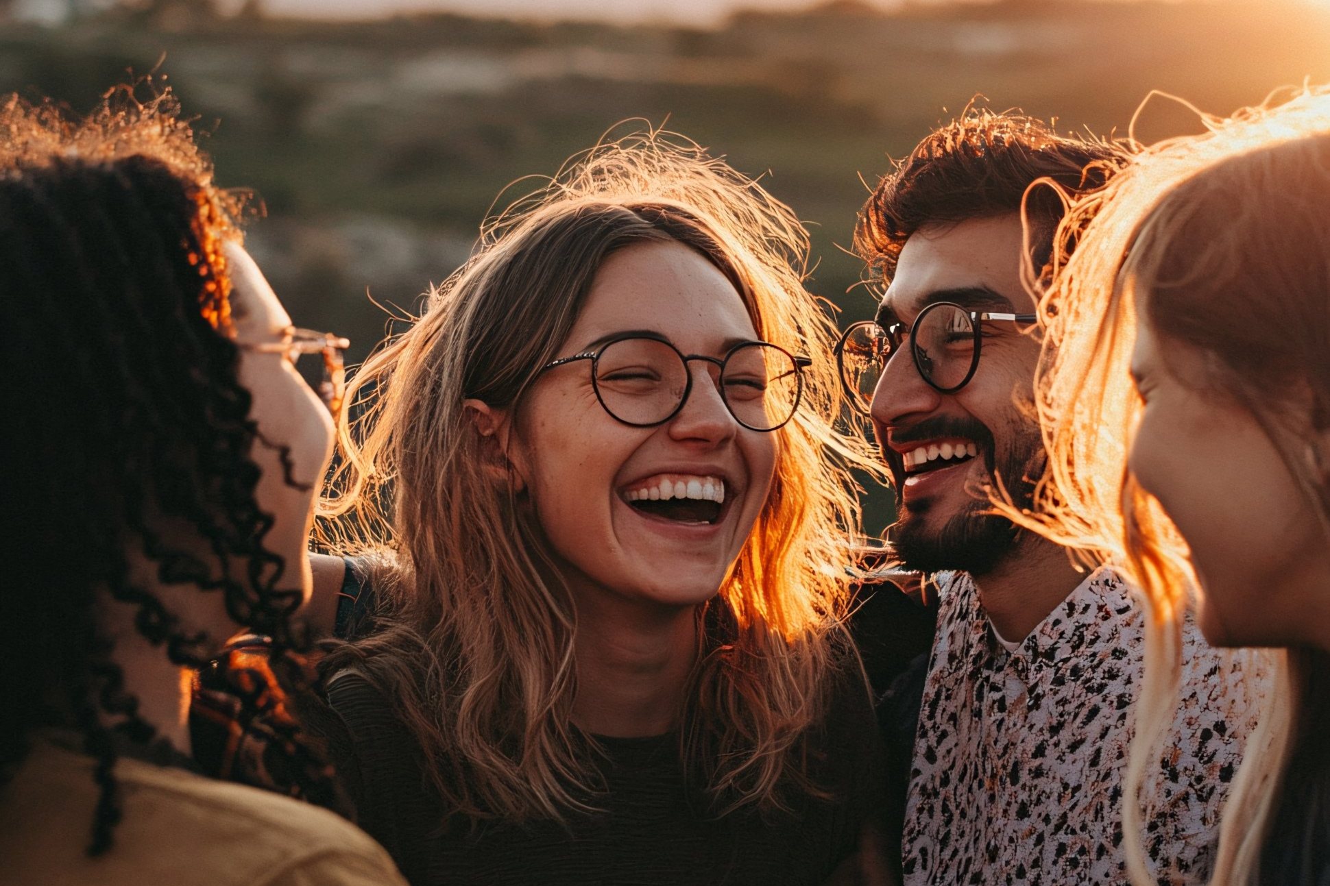 Friends laughing together outdoors at sunset